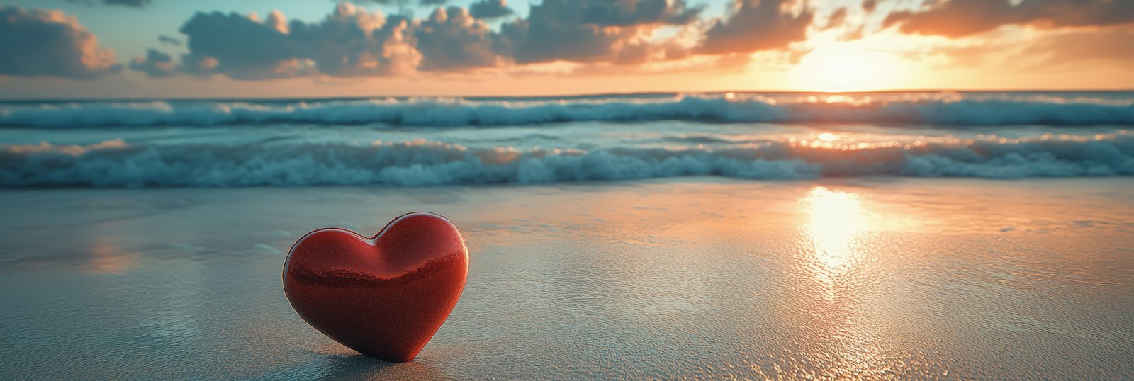 A red heart rests on a sandy beach at sunset, waves gently lapping the shore